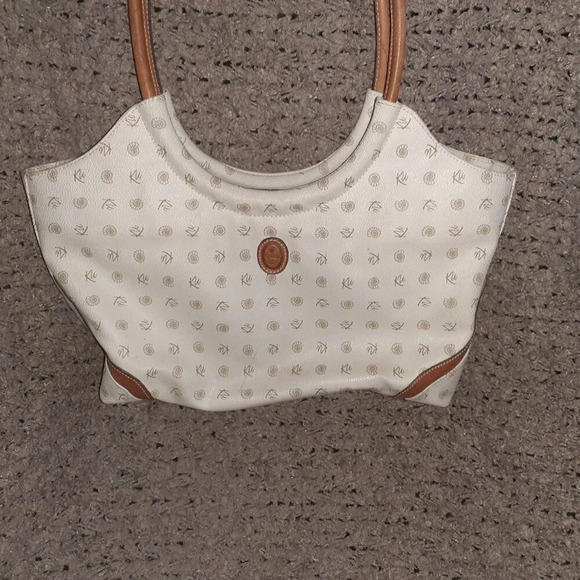 KENZIA-Looping Shoulder Bag-Beige Coated  Canvas/Brown Leather-Excellent - Picture 2 of 9